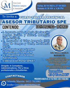 Lee más sobre el artículo Curso-Taller Presencial Asesor Tributario SPE – 20/10/2023 y 27/10/2023